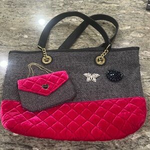 Betsey Johnson Be Mine Hot Pink Quilted & Gray Purse